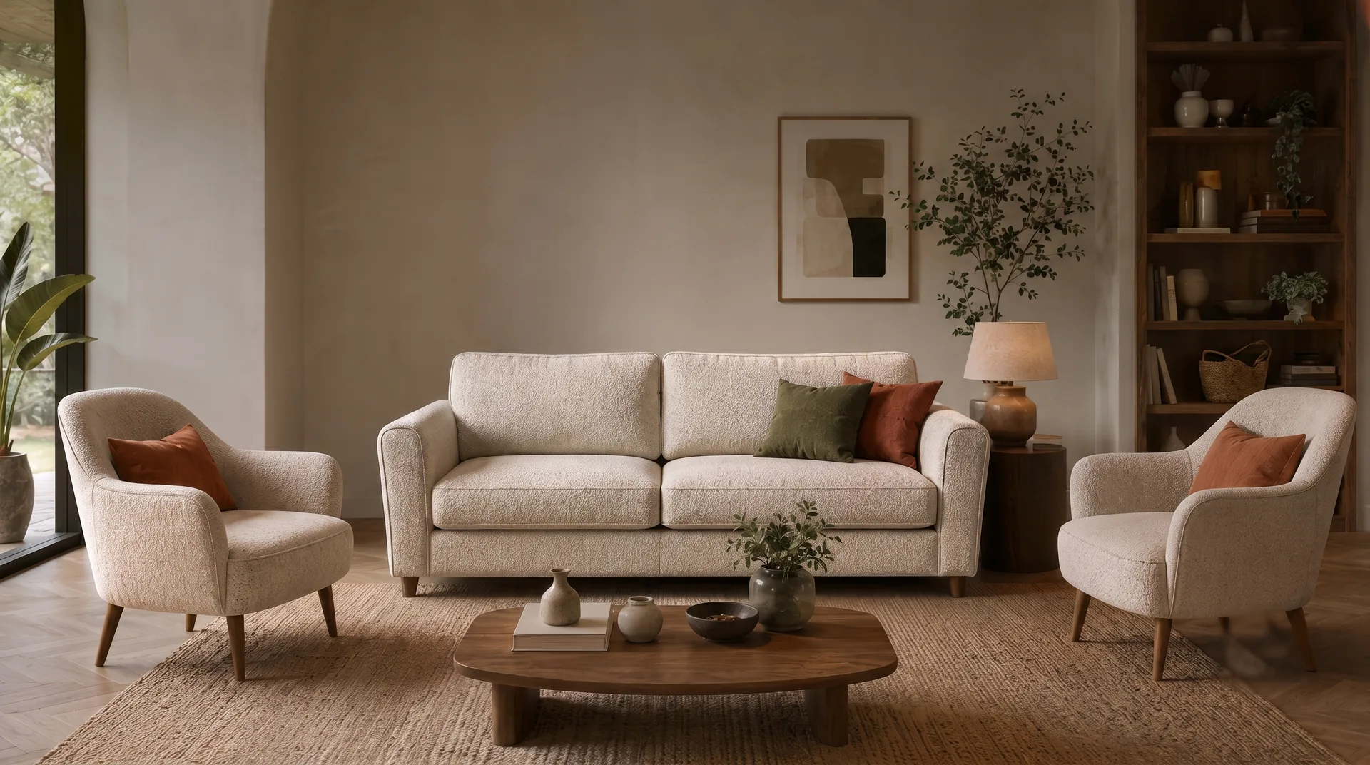 El mismo sofá y el mismo salón, con el sofá retapizado en Beige Bouclé